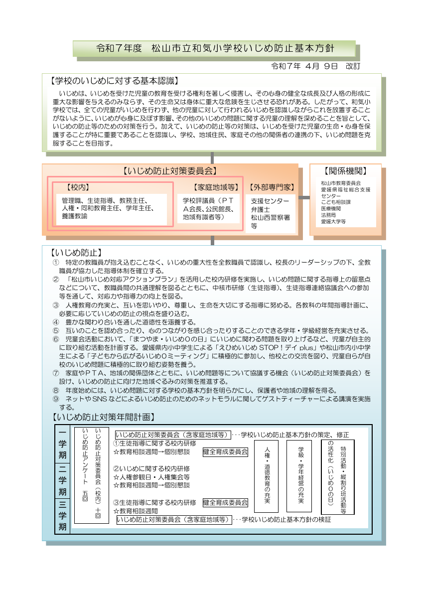 R7いじめ対策基本方針（和気小）HP用最新.pdfの1ページ目のサムネイル